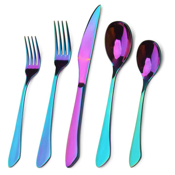 Rainbow Silverware Set, 20-Piece Stainless Steel Flatware Set with Round Edge, Kitchen Utensil Set Service for 4