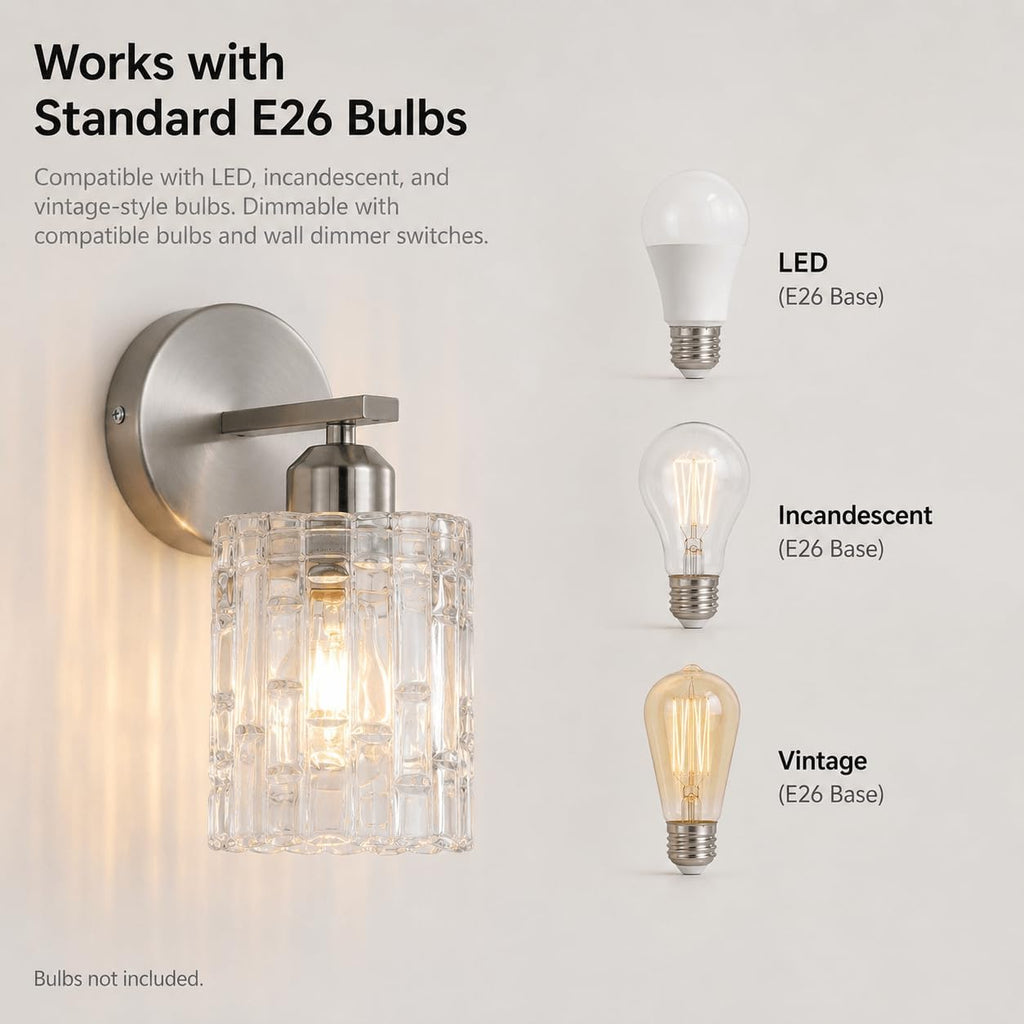 2-Pack Nickel Crystal Bathroom Vanity Lights, 1-Light Wall Sconce Fixture for Over Mirror, Modern Wall Mount