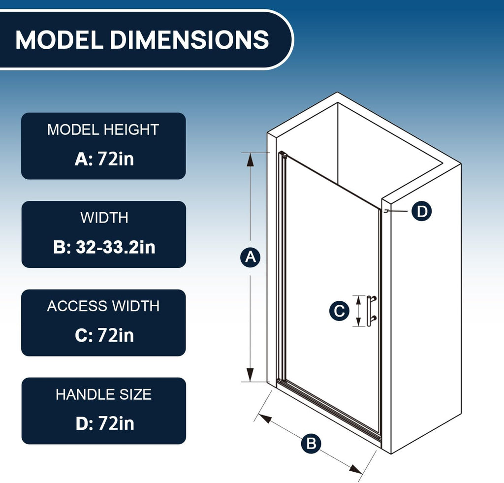Glass Shower Door 34-35.2" W x 72" H, Frameless Pivot Shower Door, 1/4"(6mm) SGCC Tempered Glass Shower Door