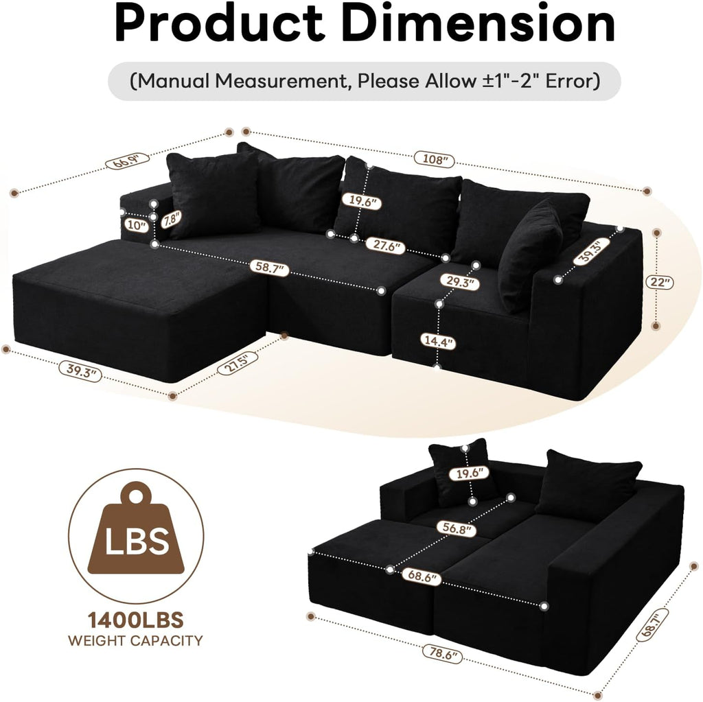 Modular Sectional Sofa - Modern L Shaped Boneless Couch with Deep Seat