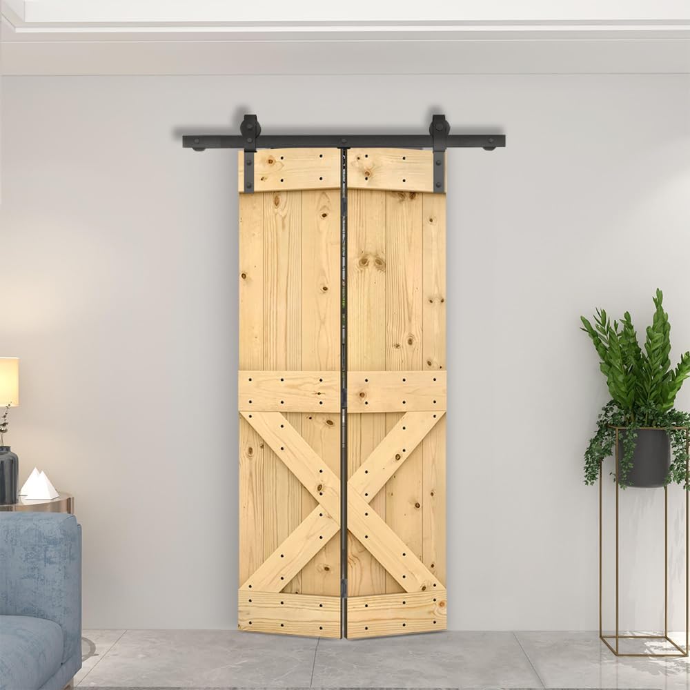 30 in. x 84 in. Mini X Series Unfinished DIY Wood Bi-Fold Barn Door with Sliding Hardware Kit