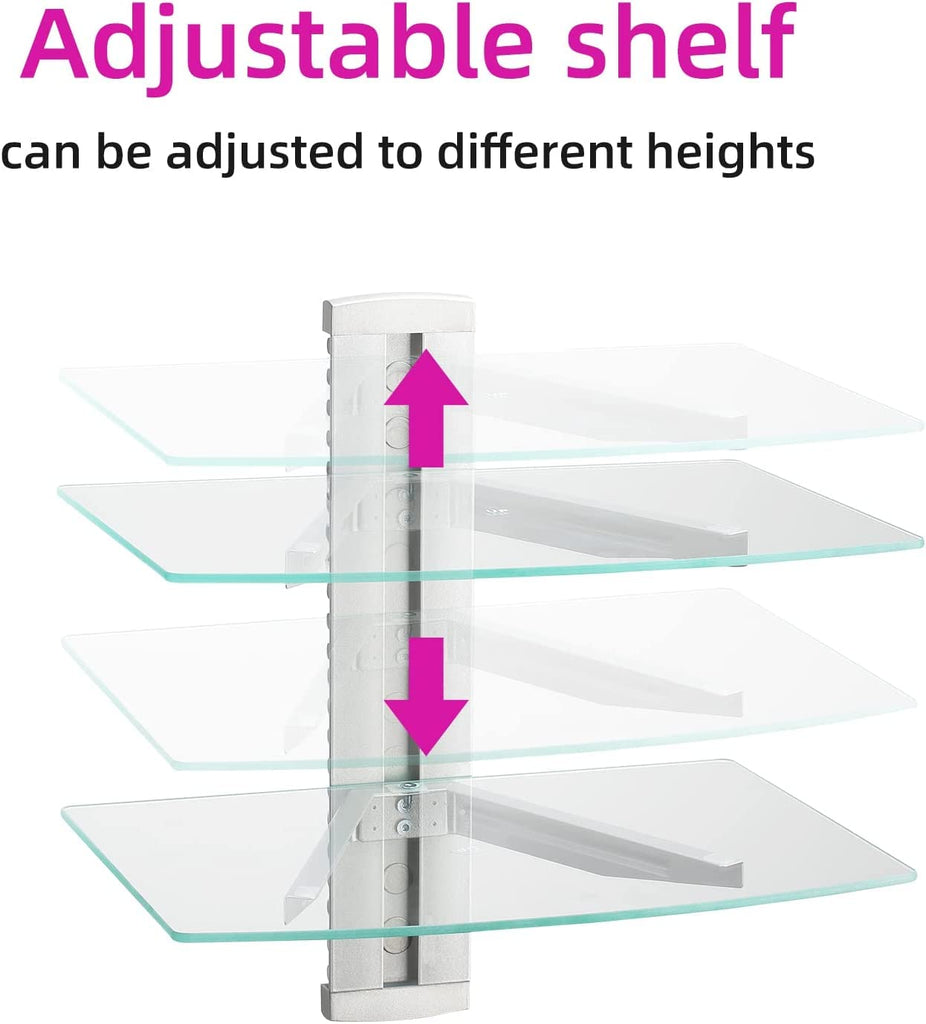 2 Tiers Glass Floating Shelves, Flat Black Wall Mount Bracket, AV Shelf, Media Shelf for DVD Player / PS4 / Cable