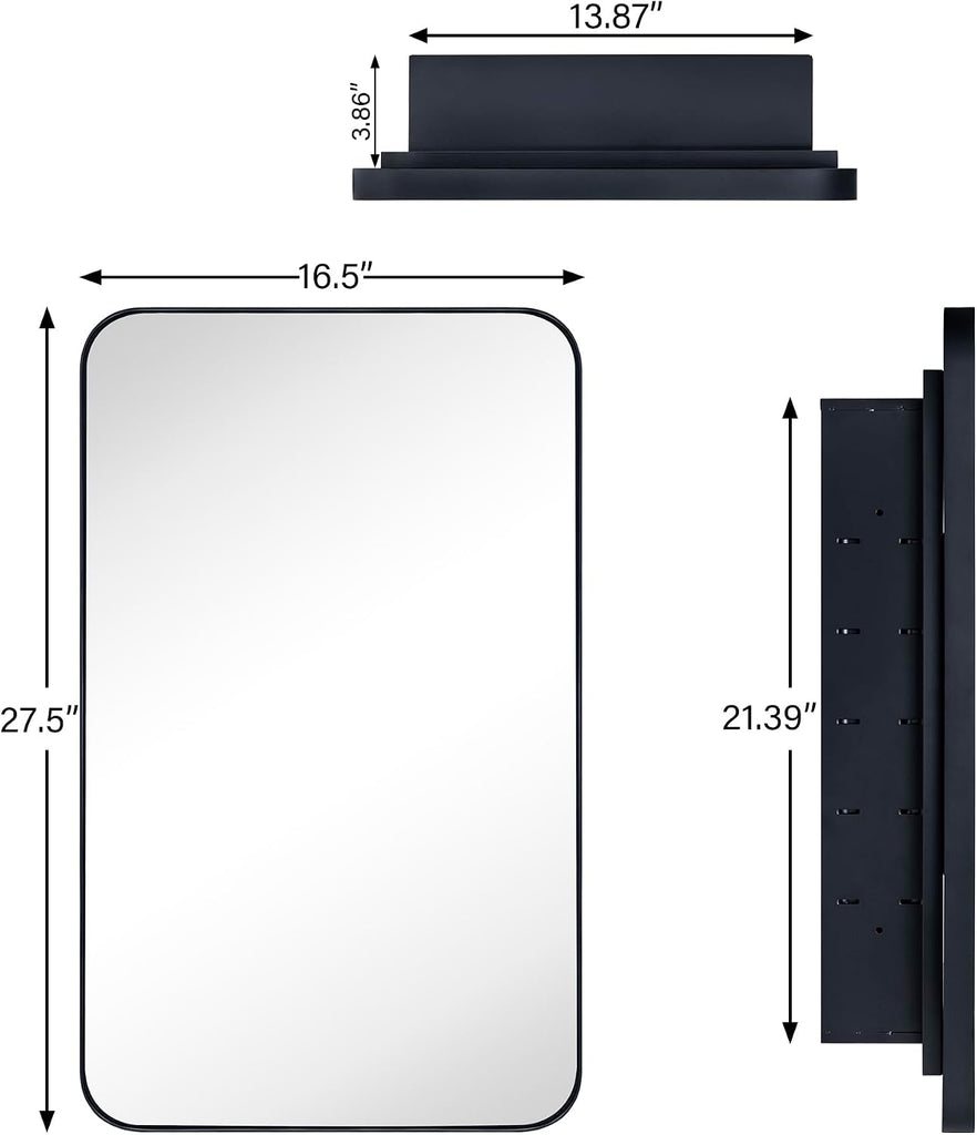 Matt Black Rectangle Recessed Bathroom Medicine Cabinet with Mirror Stainless Steel Metal Framed Rounded Rectangular