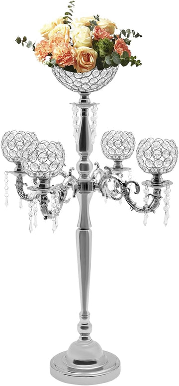 5 Arm Crystal Candelabra Centerpieces, Silver Tall Floor Crystal Candelabra w/Flower Vase for Centerpieces 20.4 *