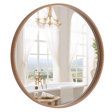Wood Round Mirror with Wood Frame 24 inch Circle Wall Mirror Round Wall Mirror for Wall Decor, Vanity, Entryway
