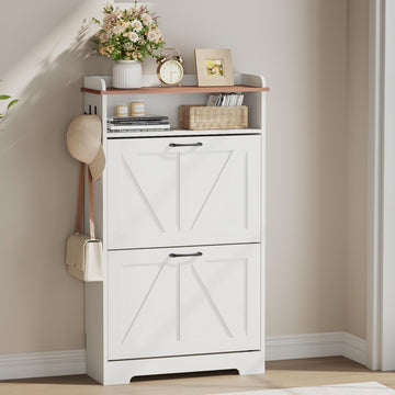 Farmhouse Narrow Shoe Cabinet with 2 Flip Drawers, 23.6" W White