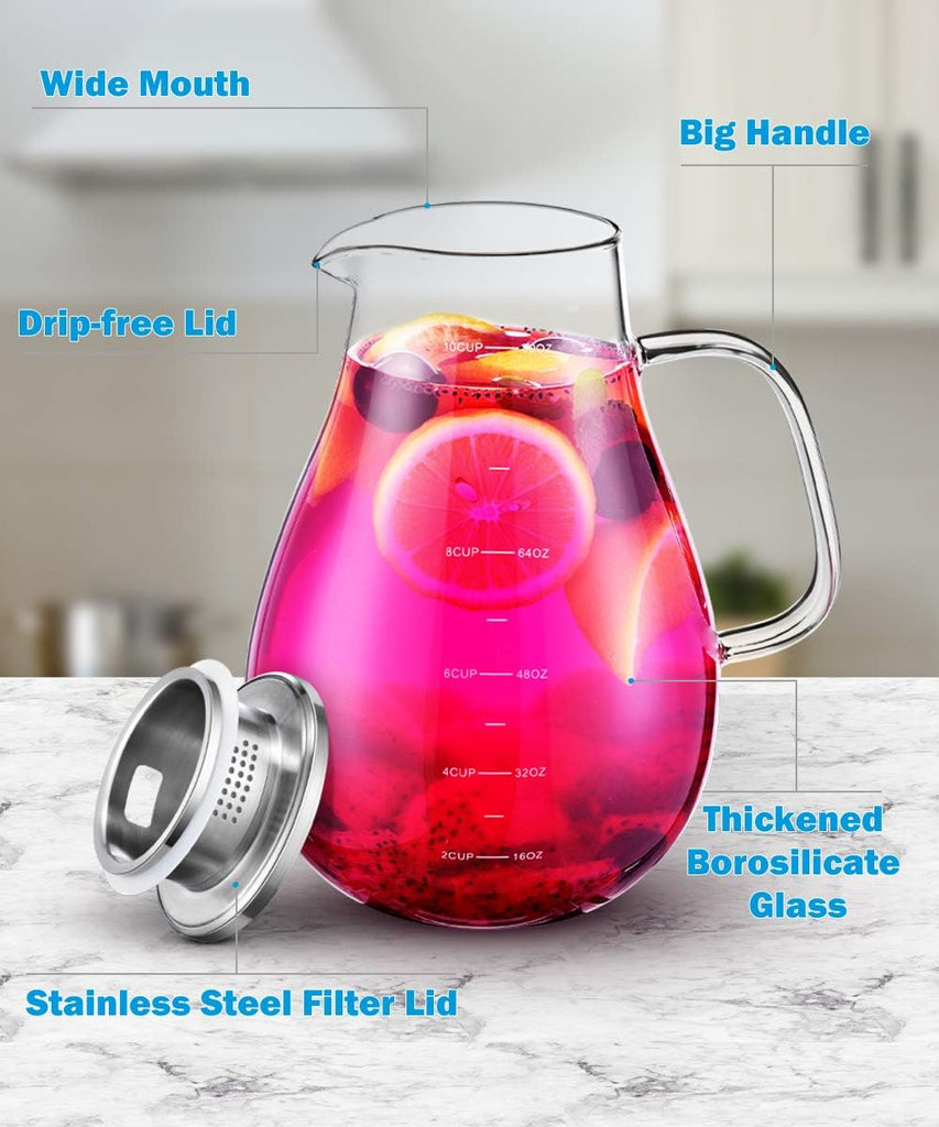 Glass Pitcher, 80oz Water Pitchers with Lid and Spout for Drinks, Hot&Cold Beverage, Juice, Iced Tea Pitcher for
