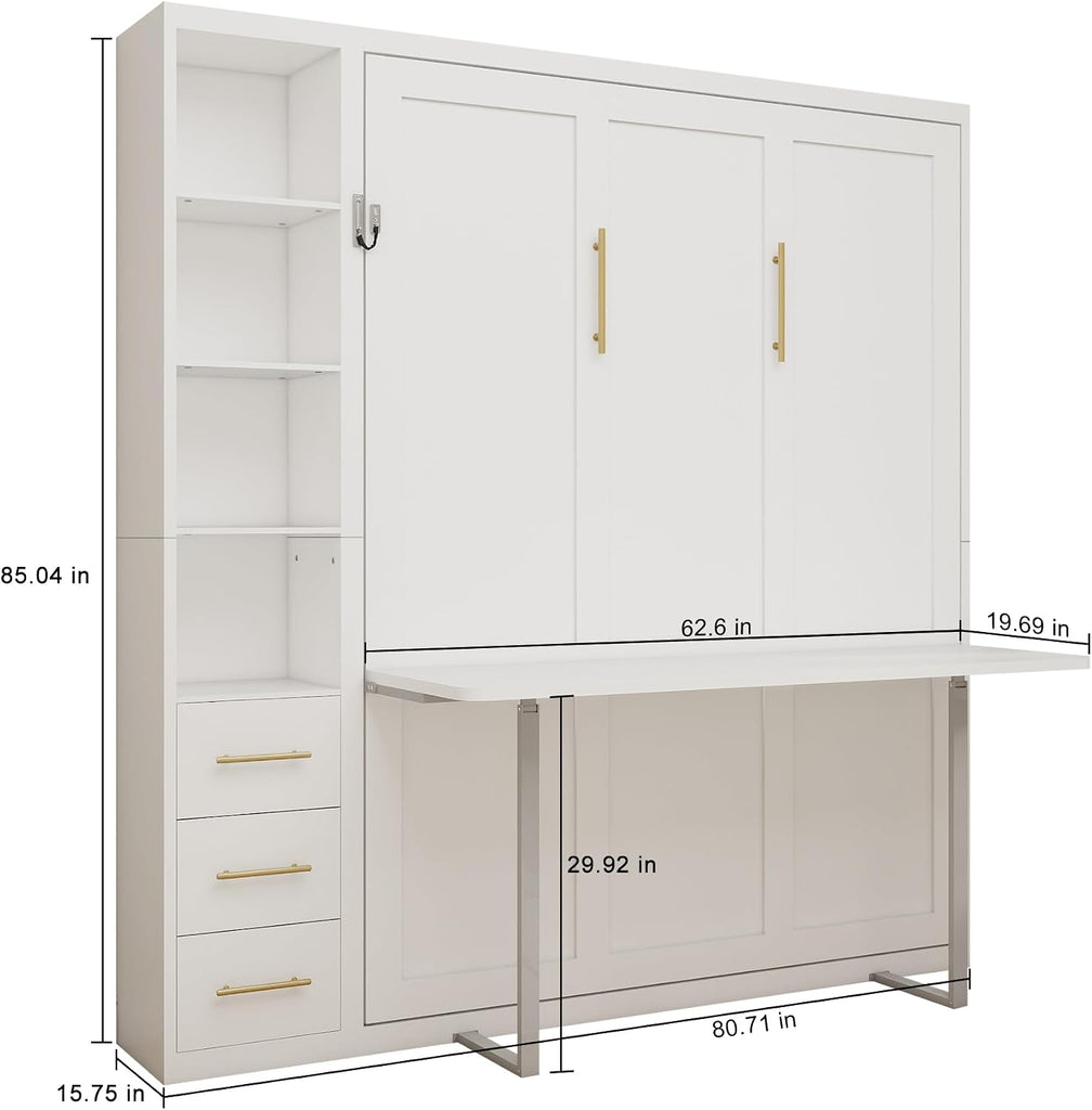 Queen Murphy Bed with Desk and Side Storage, Foldable Wall Bed with Drawers and Shelves, Space-Saving Cabinet Bed for