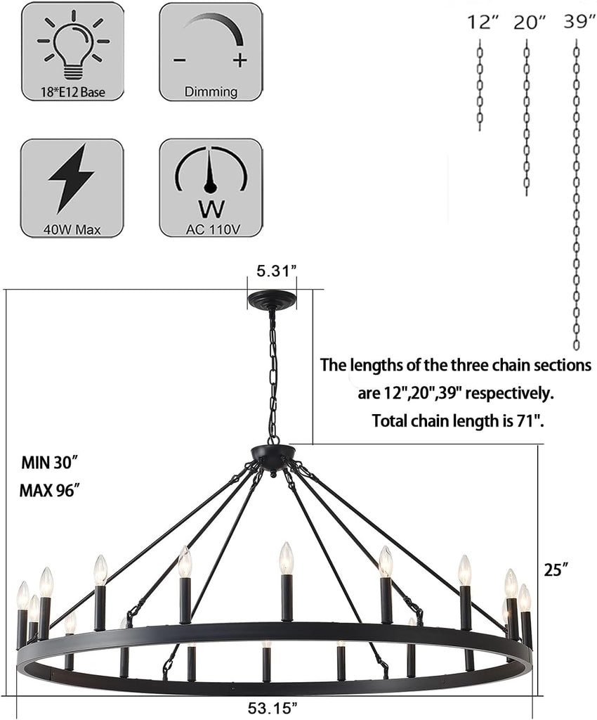 Inspired Camino Style Chandelier - 53 Inch Large Black Wagon Wheel Chandelier 18-Light Farmhouse Wagon Wheel Chandeliers Round Industrial Ceiling Light fixtures for Outdoor Porch high Ceilings Living Dining Room Foyer Entryway