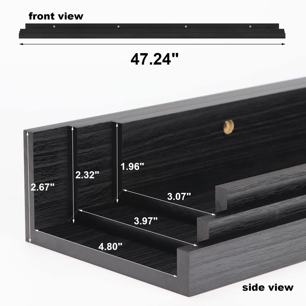 47 Inch Black Floating Shelves Ledge, Wall Mount Long Picture Rail Large Woodgrain Photo Shelving Bedroom Office, Set