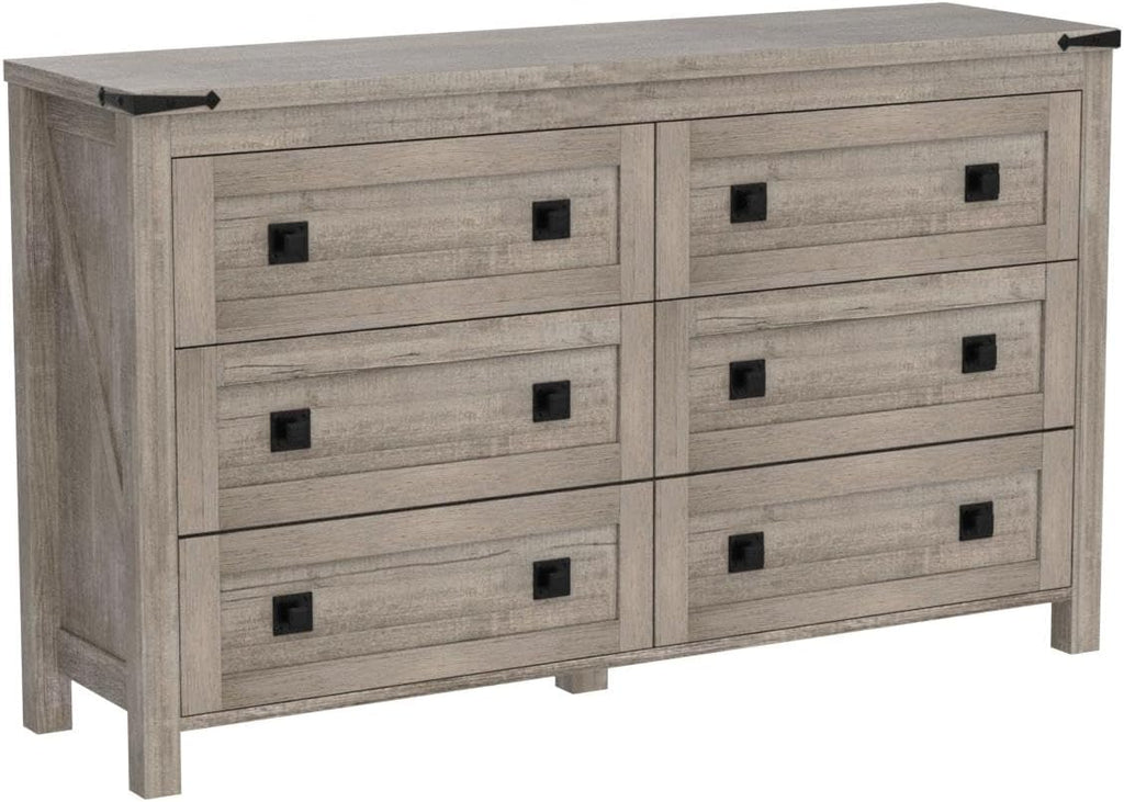 54" Wide Farmhouse 6-Drawer Dresser , Light Rustic Oak | Rustic, Wood Storage Cabinet, Metal Handle, Unique Corner