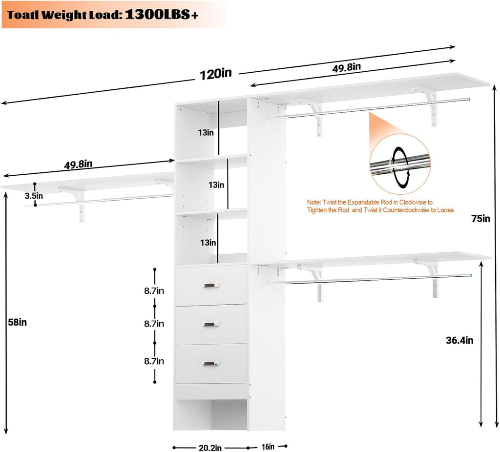 120 Inches Closet System, 10FT Walk In Closet Organizer with 3 Shelving Towers, Heavy Duty Clothes Rack with 3
