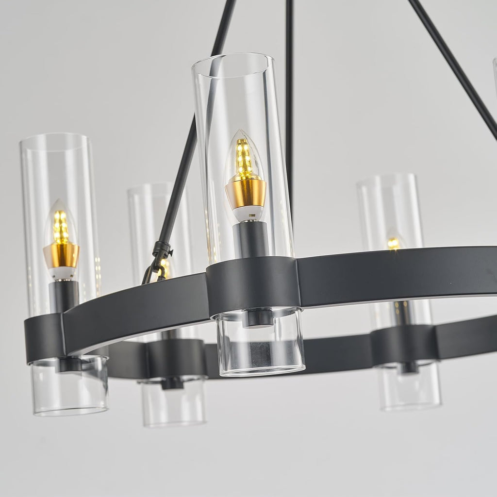 Inspired Ravelle Style Black Wagon Wheel Chandelier, Modern Chandelier with Glass Shade, 6-Light Large Round Chandelier, Farmhouse Chandeliers for Dining Room, Living Room, Bedroom and Entryway