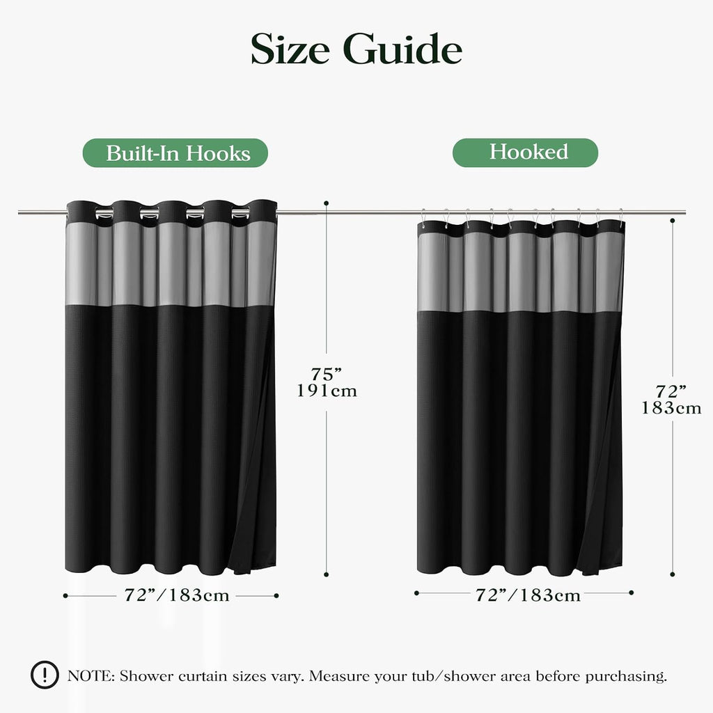 Black Hook Free Waffle Shower Curtain & Snap-in Fabric Liner,72x75 | Less Time to install, 3 in 1 Fabric Shower