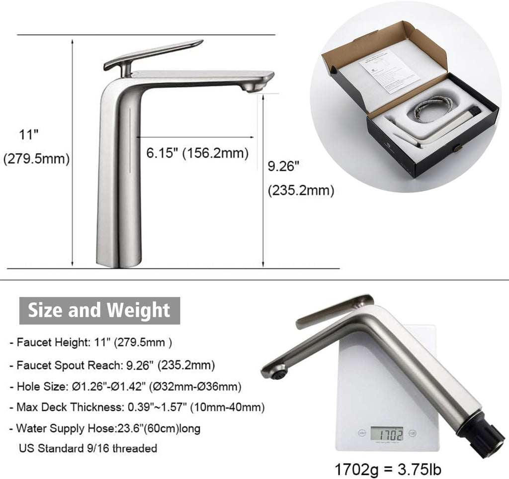 Tall Vessel Sink Faucet, Premium Brass Mixer Tap Brushed Nickel Single Handle Vanity Faucet 1 Hole