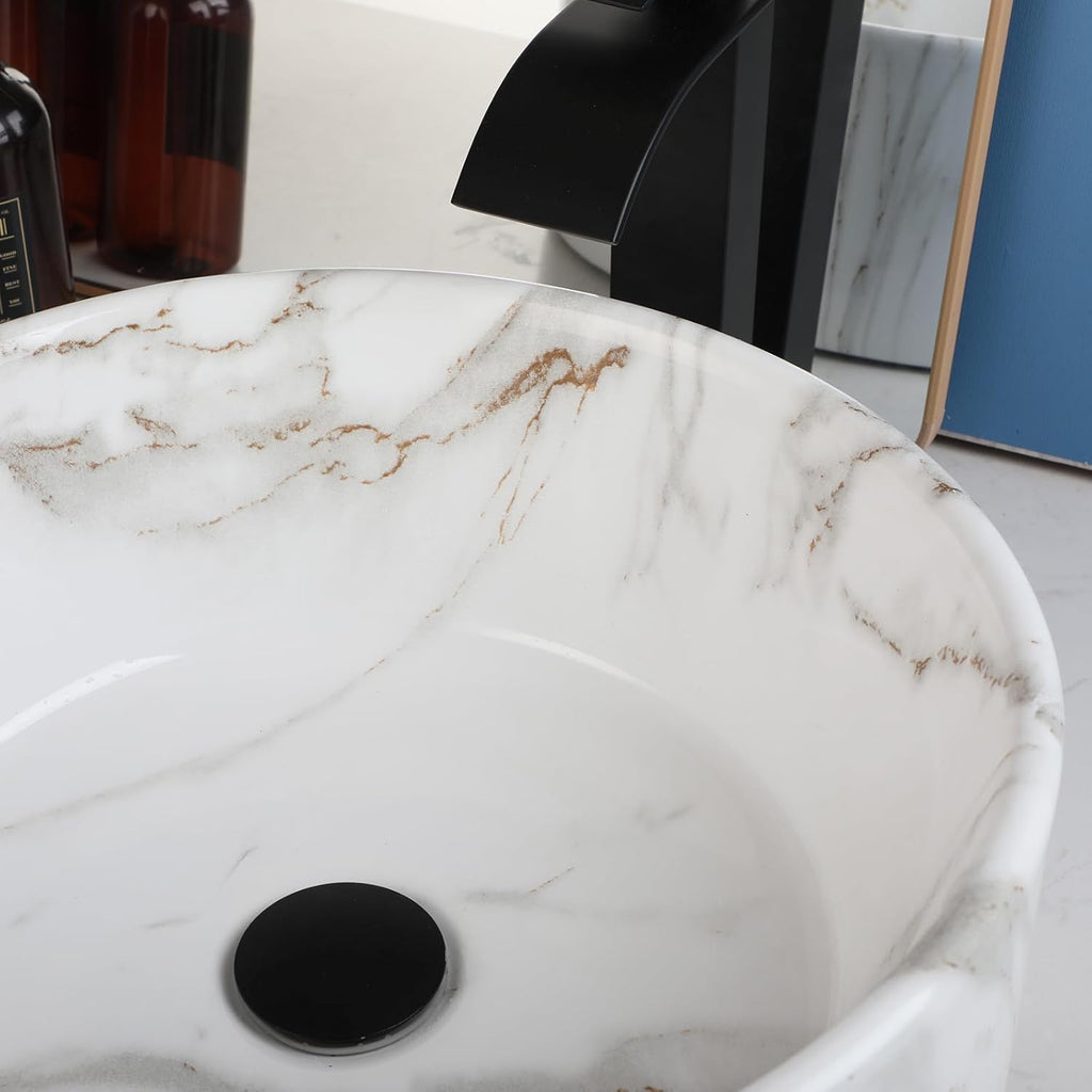 Bathroom Vessel Sink With Black Faucet And Drain White Marble Ceramic Vessel Sink 16 inch Round Vessel Sink Above