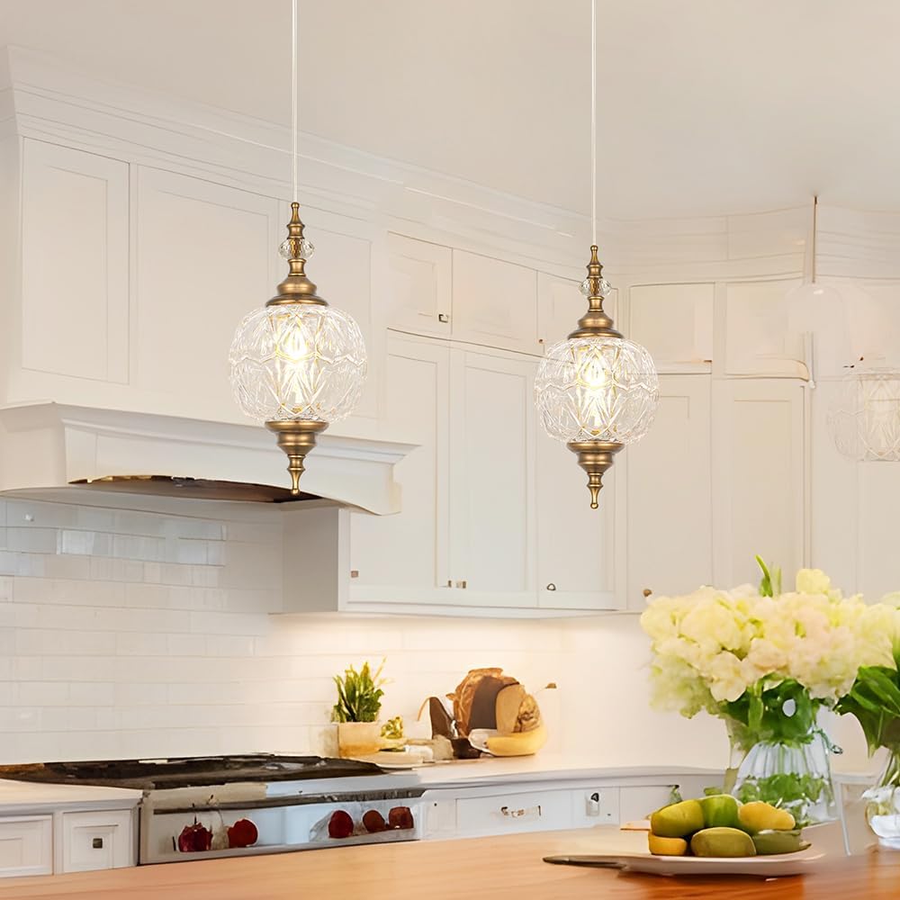 Vintage Pendant Lights Kitchen Island Set of 2, Brass Bathroom Pendant Light with Small Detachable Glass, Modern