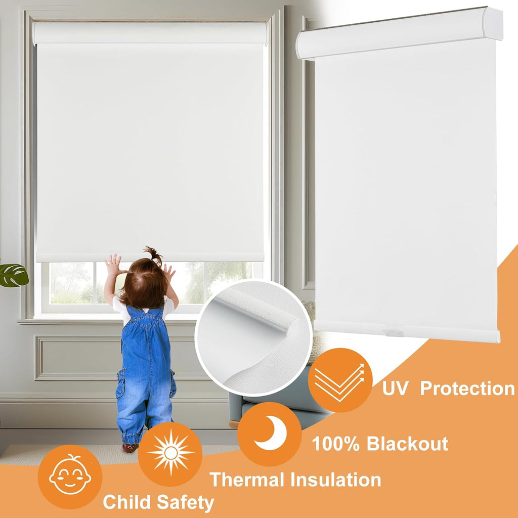 Free-Stop Cordless 100% Blackout Roller Shades for Window Blinds with Linen Look Textured Fabric (White, 20"W x 72"H)