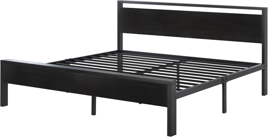 14 Inch King Metal Platform Bed Frame with Wooden Headboard and Footboard, Mattress Foundation, No Box Spring Needed