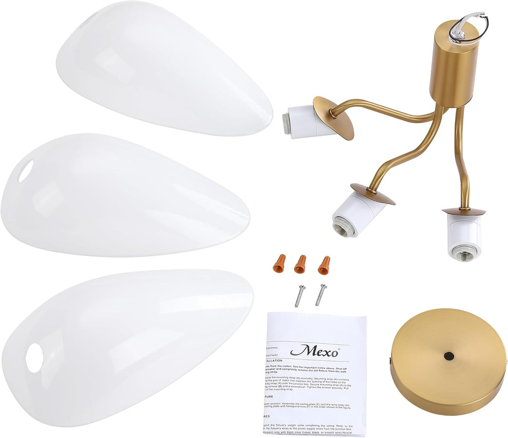 Modern Gold 3-Light Ceiling Light with Opal White Glass Shade Semi Flush Mount Ceiling Light for Living Room Hallway