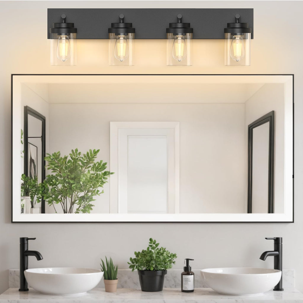 Bathroom Vanity Light Fixture, 4-Light 30 Inch Matte Black Bathroom Light Fixtures Over Mirror, with Clear Glass