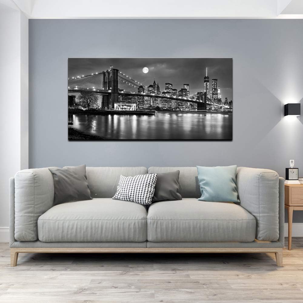 Black and White New York Picture Brooklyn Bridge Canvas Wall Art Full Moon Night Manhattan City Poster Canvas Print