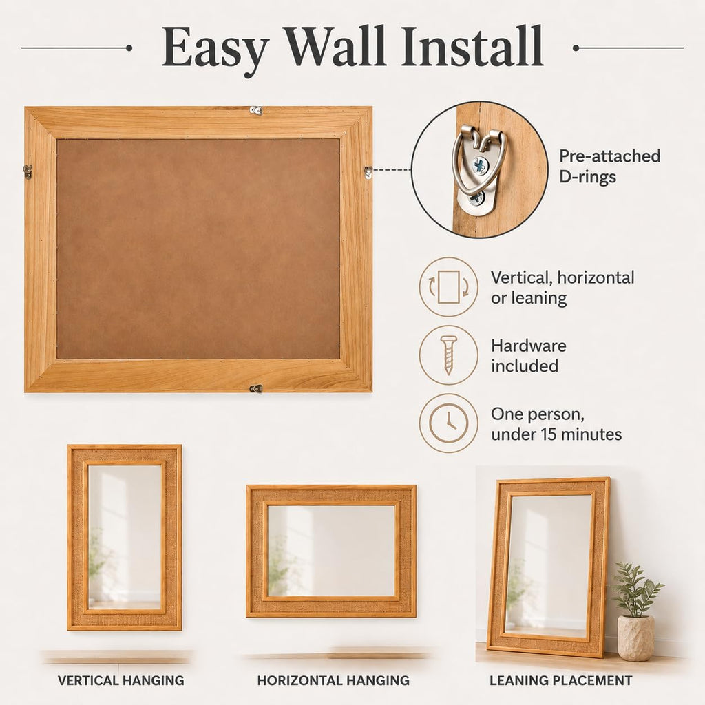 Rattan Mirror 20x30 Inch, Rectangle Wood Bathroom Mirror