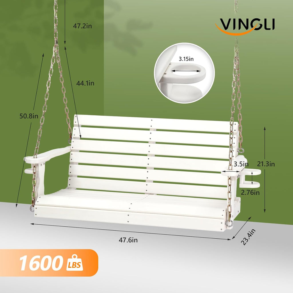 4FT HDPE Porch Swing Outdoor with Rotatable Cup Holder, White | 1600 LBS Heavy Duty Recycled Plastic Porch Swing with