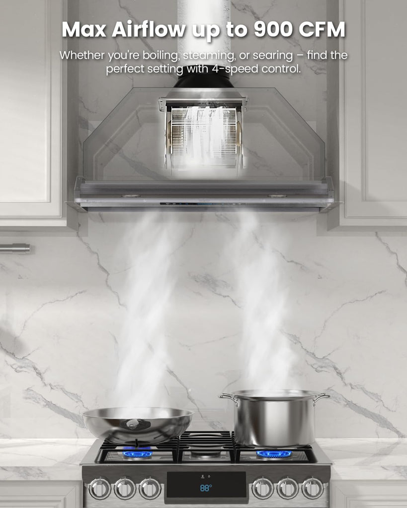30 Inch Stainless Steel Range Hood Insert 900 CFM 4 Speed Gesture, Touch & Remote Control Convertible Ducted/Ductless