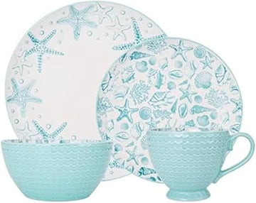 Venice 16-Piece Stoneware Dinnerware Set, Service for 4, Aqua and White Color Combination, Durable and Chip Resistant