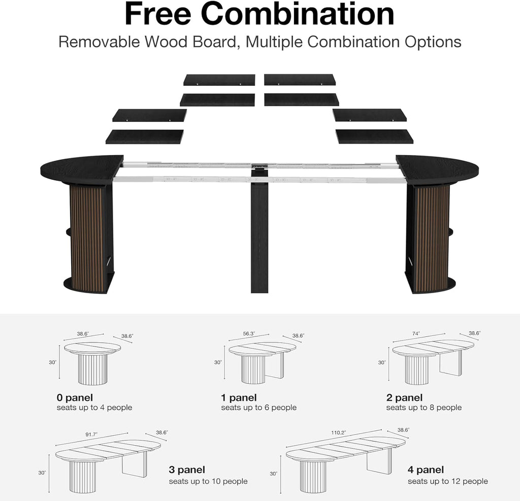 Modern Extendable Round Dining Table, 38.6" to 110.2" Expandable Fluted Table for 2-12 People with Storage, Space