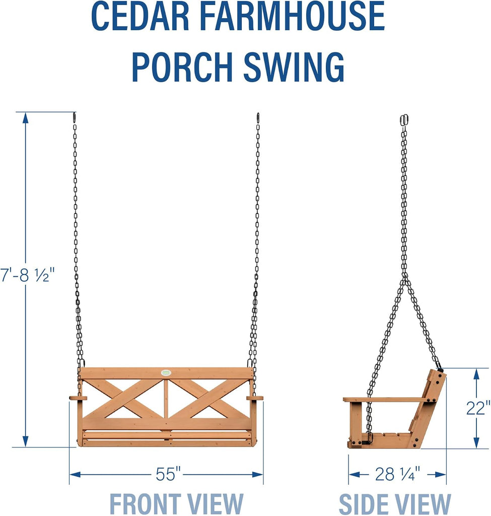 55" Cedar Wood Farmhouse Outdoor Porch Swing Bench with Two-Person Seating, Durable Hanging Chains, Water-Resistant