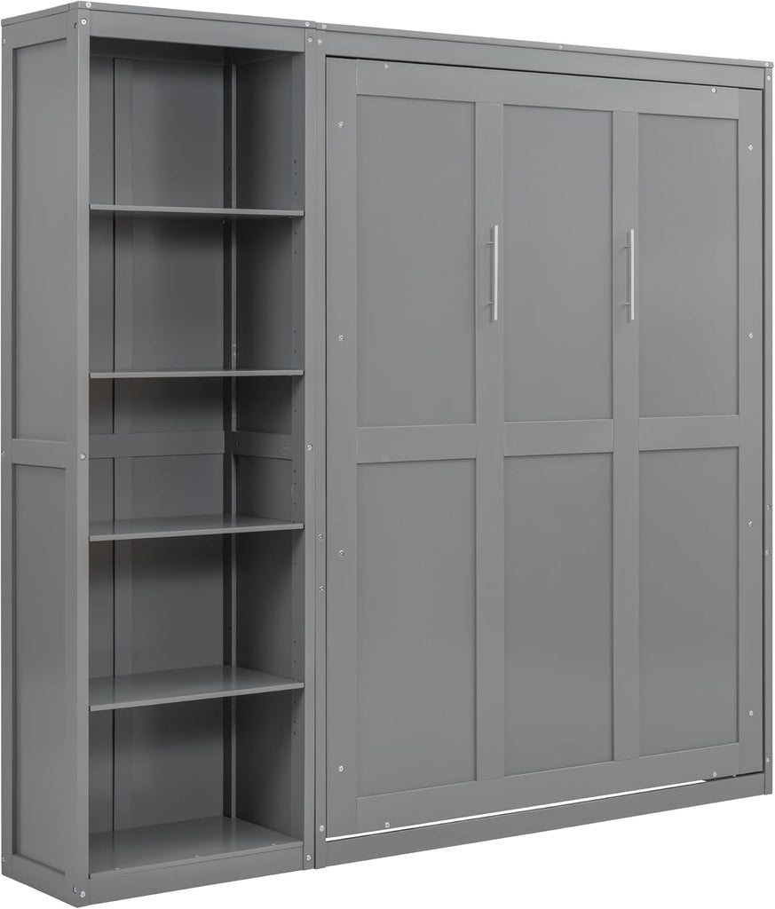 Full Murphy Bed with Storage Bookcase Shelves,Wood Folding Grey Murphy Wall Bed Cabinet