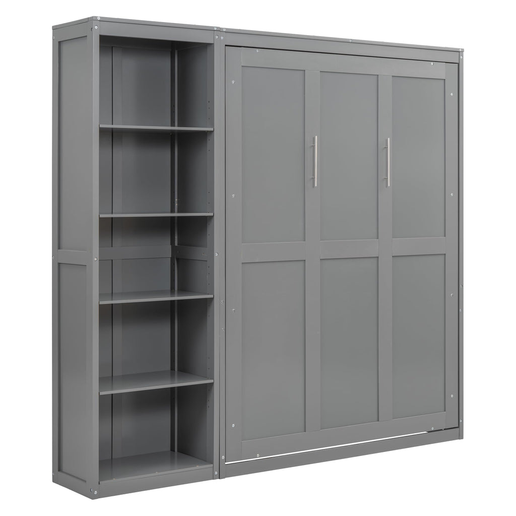 Space-Saving Gray Murphy Bed Full Size with Adjustable Storage Shelves, Multifunctional Foldable Wall Bed for Small