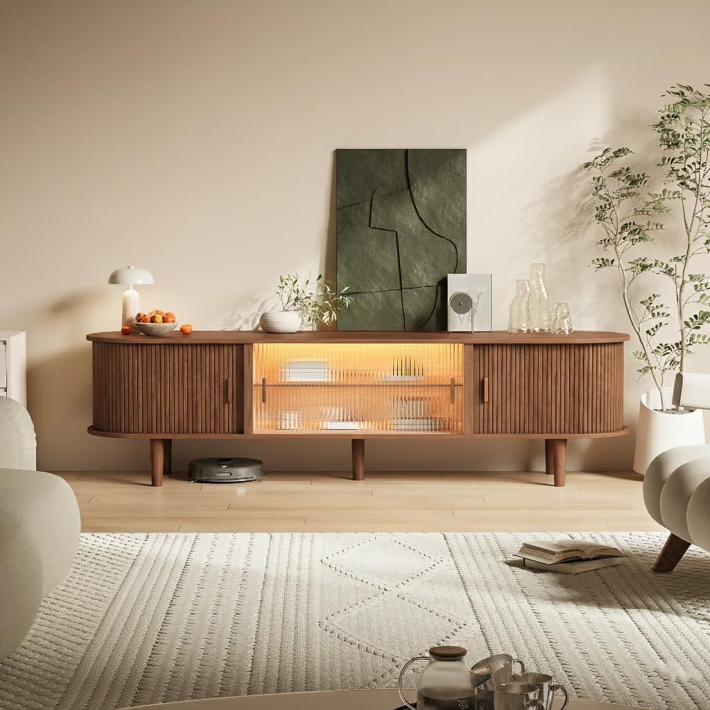70" Fluted TV Stand with LED Lights for TVs up to 75 Inch, Mid Century Modern Entertainment Center with Sliding Doors