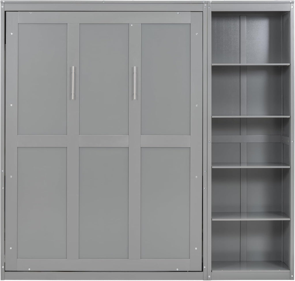 Full Murphy Bed with Storage Bookcase Shelves,Wood Folding Grey Murphy Wall Bed Cabinet