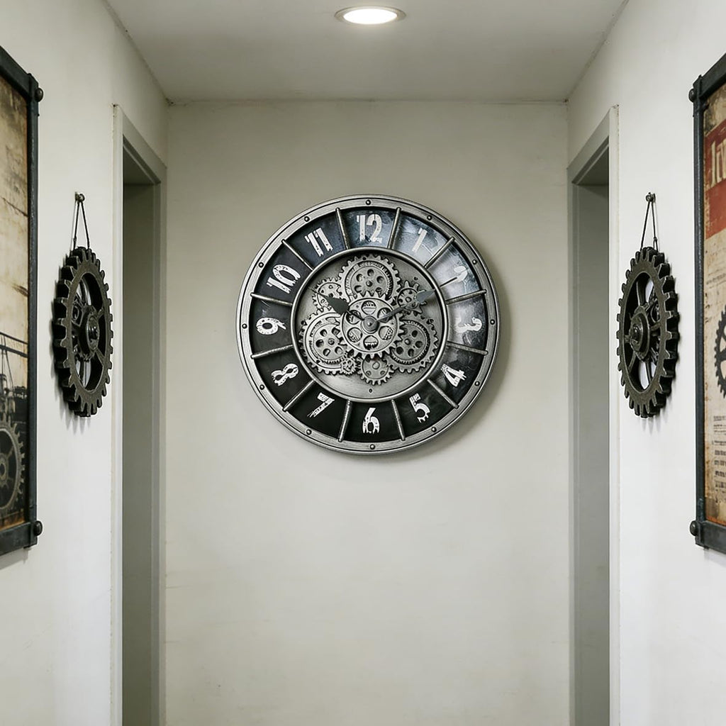 18 Inch Wall Clock with Moving Gears, Oversized Large Industrial Steampunk Decoration, Antique Metal Big Numeral Wall Clocks for Kitchen...