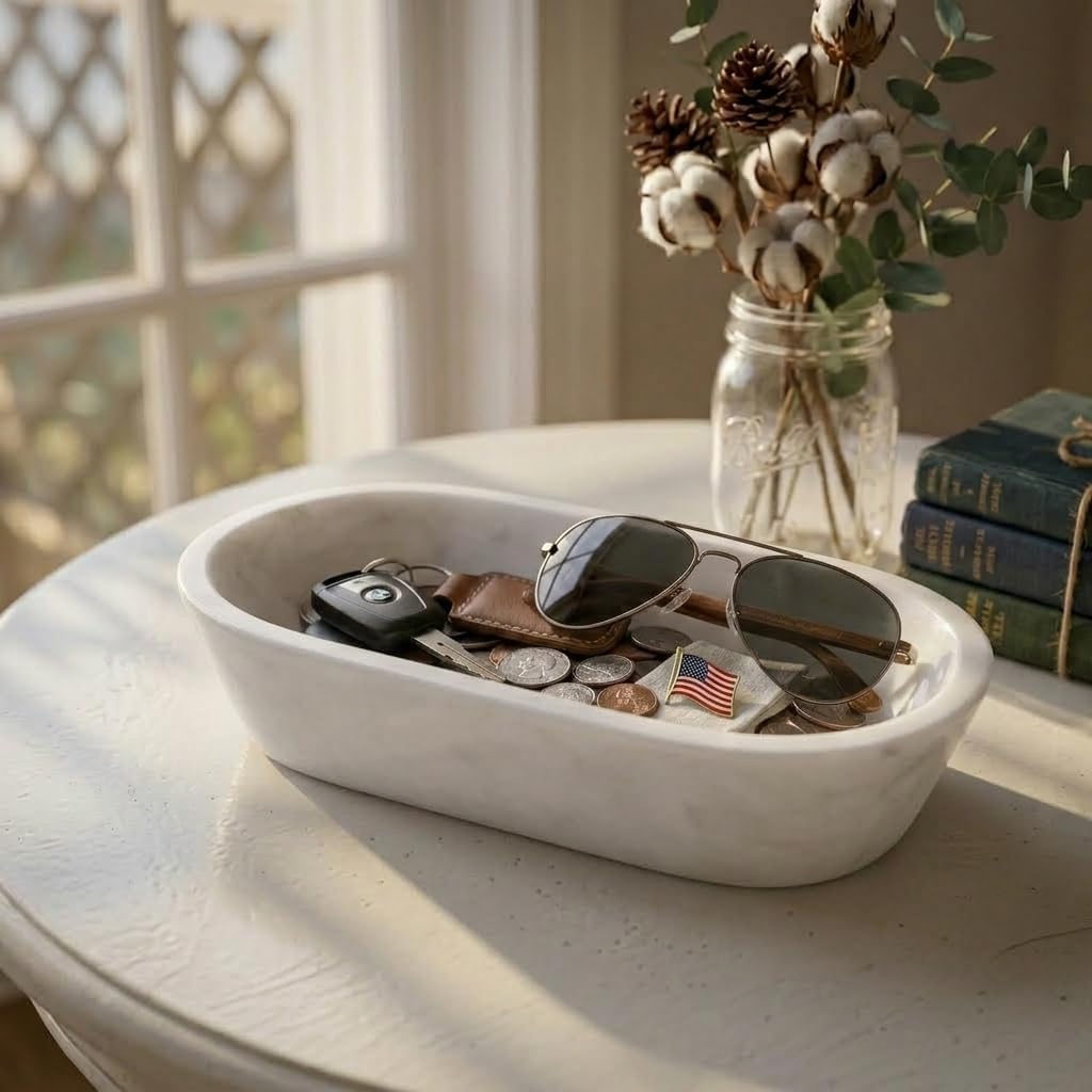 Marble Dough Bowls For Decor 10" Inches White Oval Bowl Table Décor, Ideal Candy Bowl, Candle Bowl and Marble Bowl