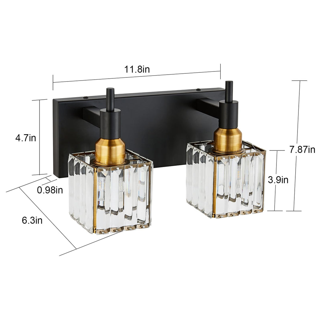 Modern Crystal Bathroom Vanity Light 2-Lights Black and Gold Bathroom Light Fixtures Over Mirror Bath Wall Sconce