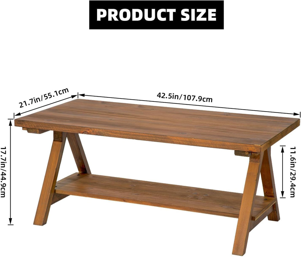 Farmhouse Coffee Table, 2-Tier Solid Wood Coffee Table, Rustic Rectangular with Storage Open Shelf, Natural