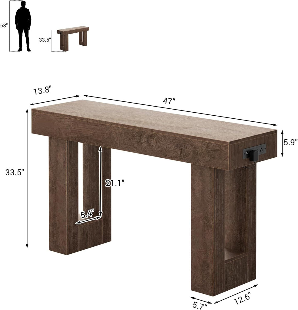 47" Entryway Table with Socket and Sensor Light, Narrow Console Table with Storage Behind Couch, Farmhouse Entry Way