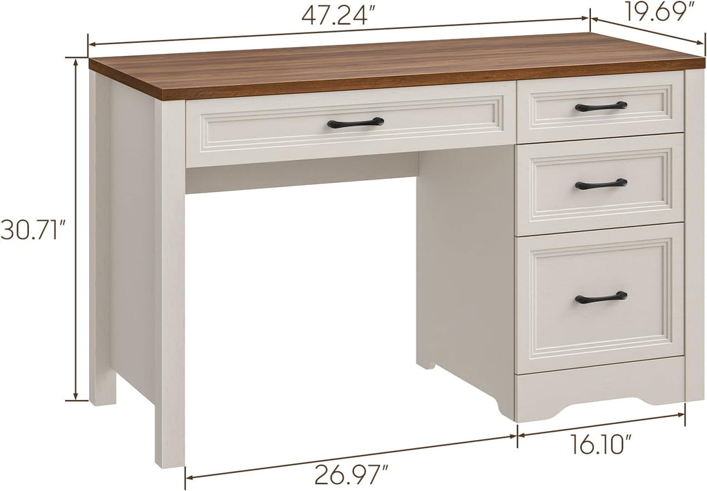 Farmhouse Executive Desk with Storage and Ample File Drawer, Rustic Large Home Writing Desk, White