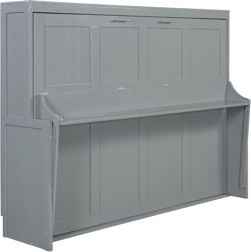 Queen Horizontal Murphy Bed with Desk,Solid Wood Folding Hideaway Murphy Wall Bed for Adult,Guest Room (Grey,Queen)
