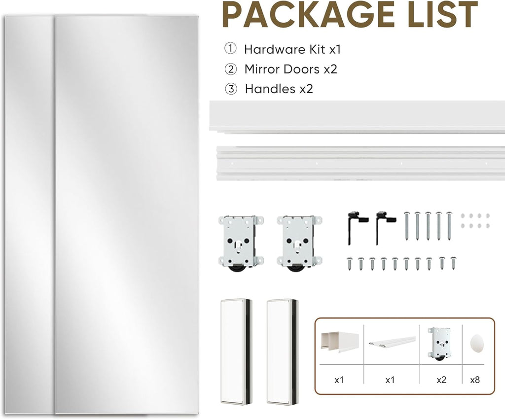 Mirror Closet Doors, 60''x80'' One Side Sliding Closet Door with Hardware Kit, Interior Steel Frame 