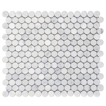 White Marble Mosaic Tile, 3/4 Inch Penny Round, Polished, 5 Sheets