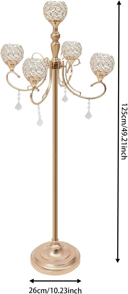 5 Arms Candelabra Crystal Candle Holder, 49 Inches Gold Crystal Candle Holders with Hanging Crystal Drop, Gold Floor