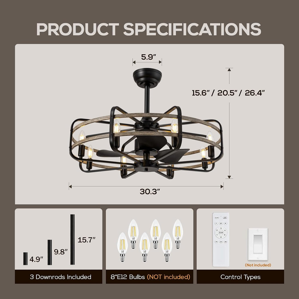 30 Inch Caged Ceiling Fan with Light, Bladeless Farmhouse Ceiling Fan with Remote 6 Speed Reversible Industrial