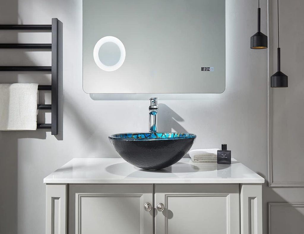 Hyacin Series Round Tempered Mosaic Deco Glass Vessel Bathroom Sink in Starry Blue | Top Mount Sinks Above Countertop