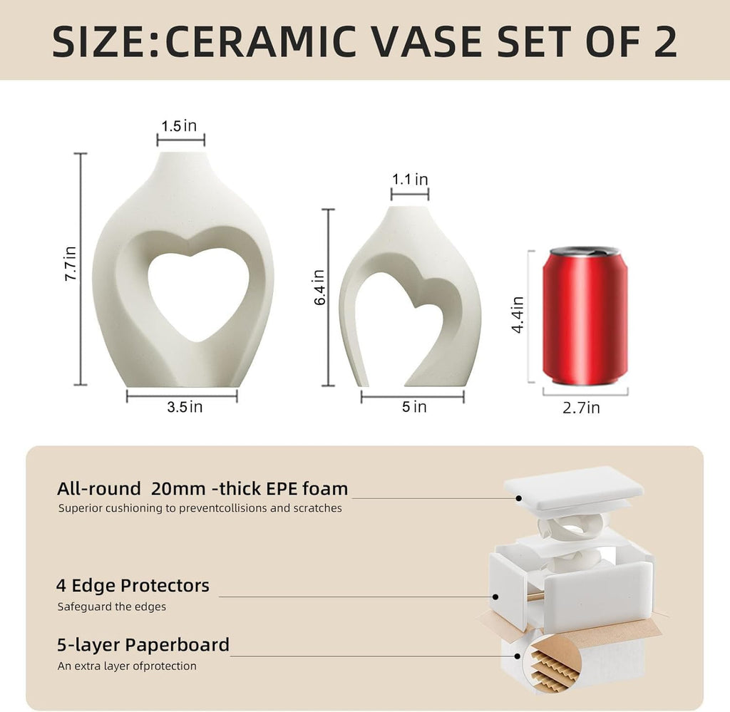 White Ceramic Flower Vase Home Table Decor Heart Shaped Vase Set of 2 | Boho Heart Shaped Minimalist Decorative Vases