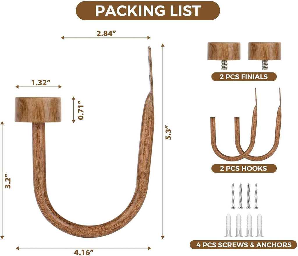 Curtain Holdbacks for Wall, Wood Grain Curtain Hooks Wall Mounted, Curtain Tiebacks Holders for Drapes, Modern Cap